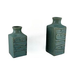 Set of 2 Green Crackle Finish Laugh and Live Porcelain Vases